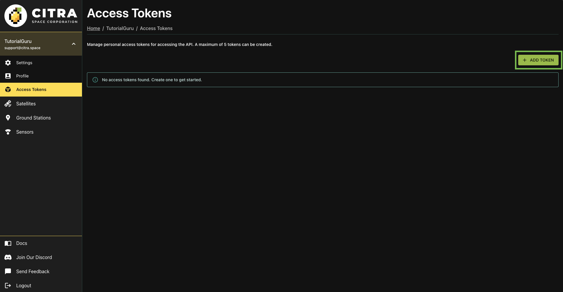 Access Tokens page