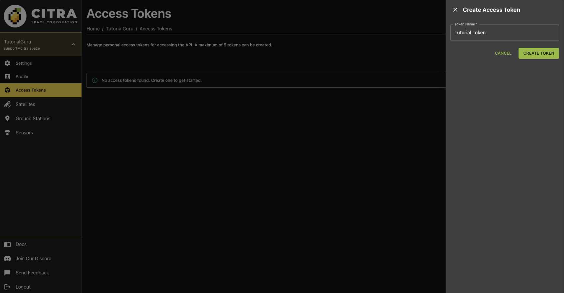 Access Tokens page