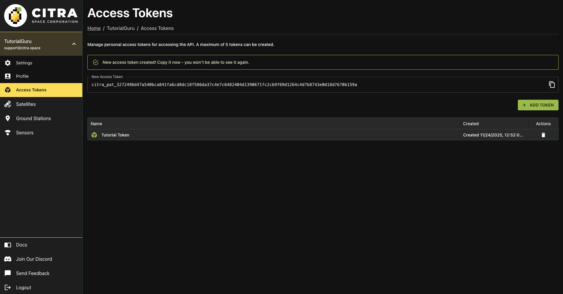 Access Tokens page