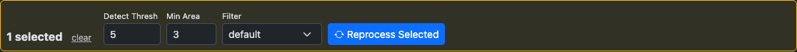 Batch action bar showing 1 selected task with Detect Thresh, Min Area, Filter, and Reprocess Selected button
