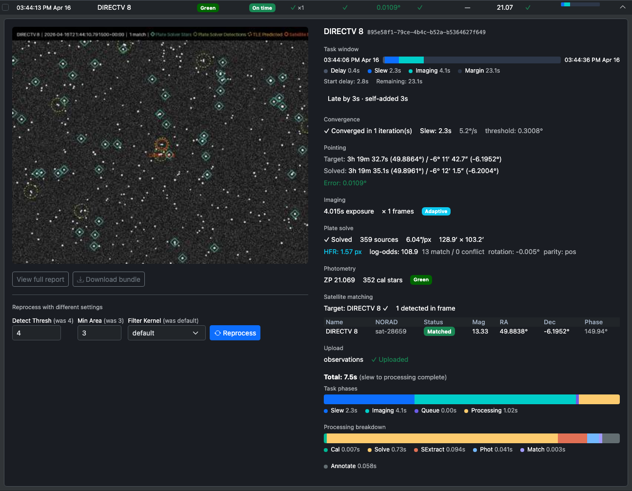 Task detail panel showing annotated image, reprocess controls, and full task metrics
