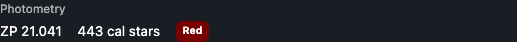 Photometry row showing zero point, calibration star count, and filter badge