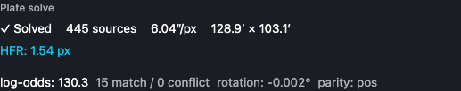 Plate solve row with source count, pixel scale, field size, HFR, and solve quality metrics