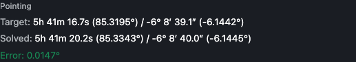 Pointing block showing target RA/Dec, solved RA/Dec, and pointing error in degrees
