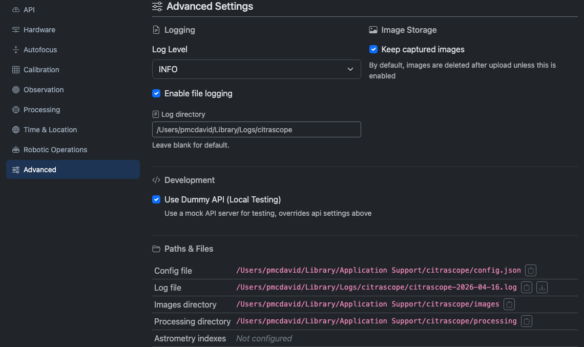 Advanced Settings tab showing logging, image storage, and development options