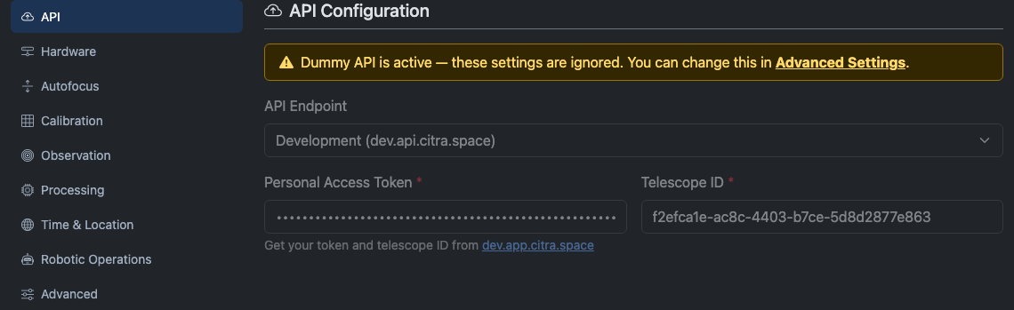 API Configuration tab showing endpoint, token, and telescope ID