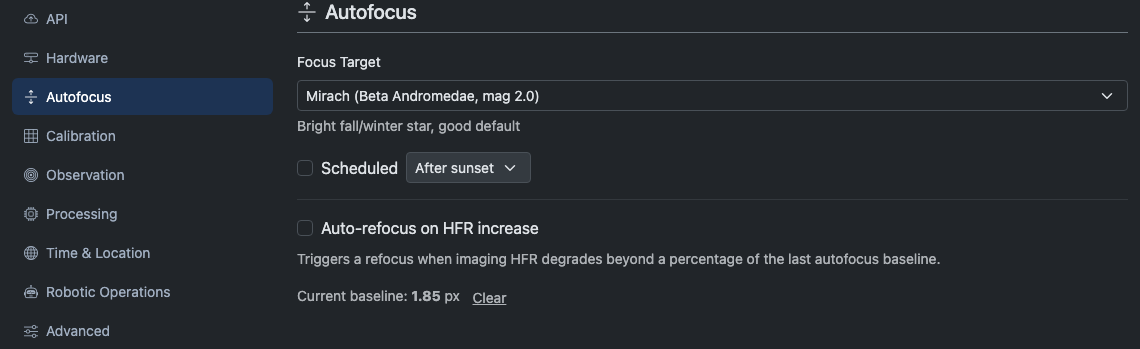 Autofocus tab showing target preset, schedule, and HFR refocus settings