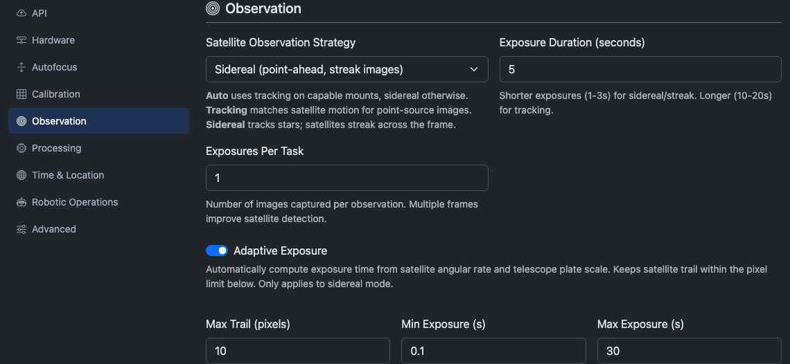 Observation tab showing strategy, exposure, and frame count