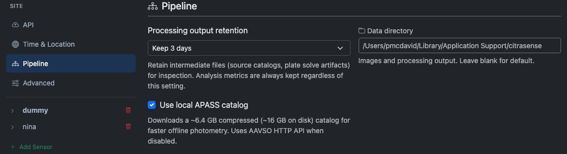 Pipeline tab showing processing-output retention, APASS catalog toggle, and data directory