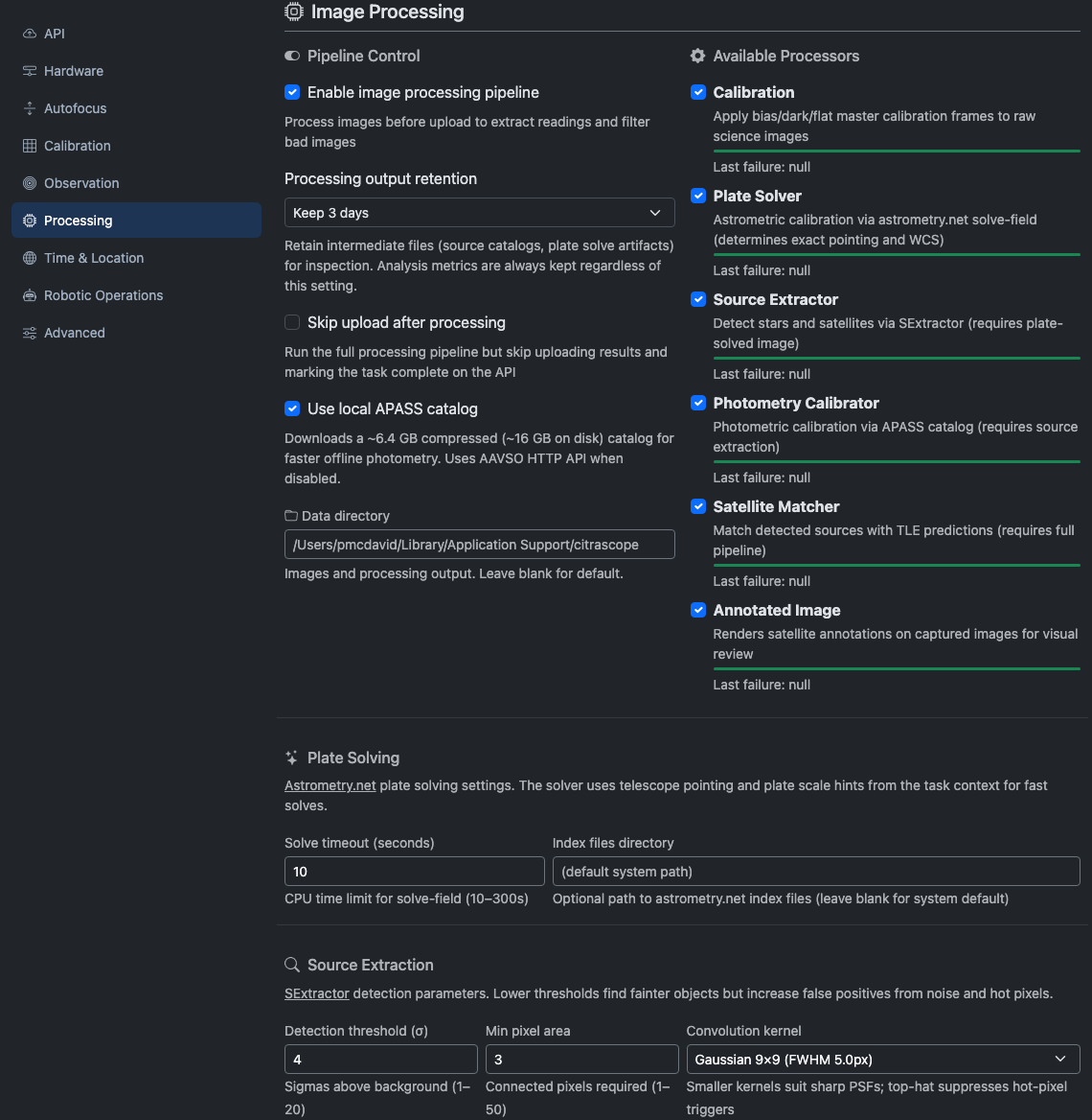 Processing tab showing pipeline toggles and available processors