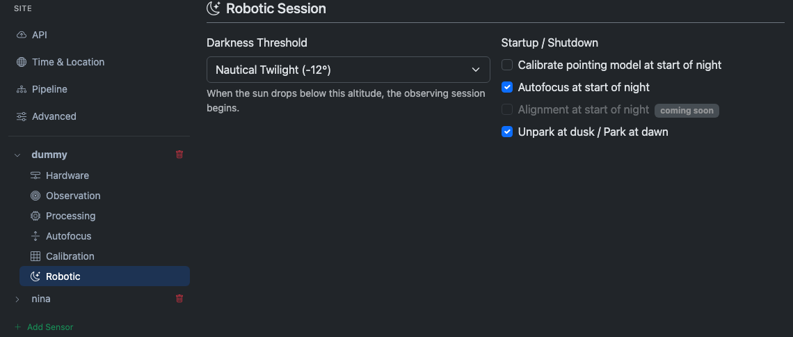Robotic tab showing session settings
