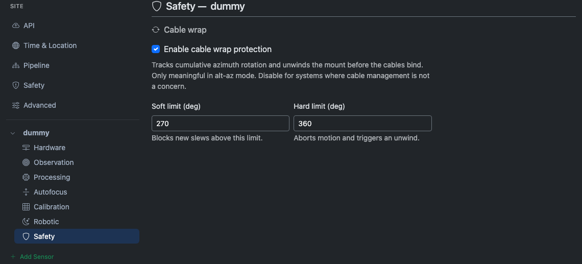 Per-sensor Safety tab showing cable-wrap toggle and limits