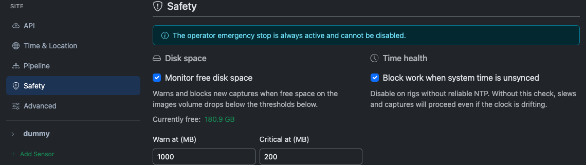 Safety tab showing disk-space thresholds and time-health toggle