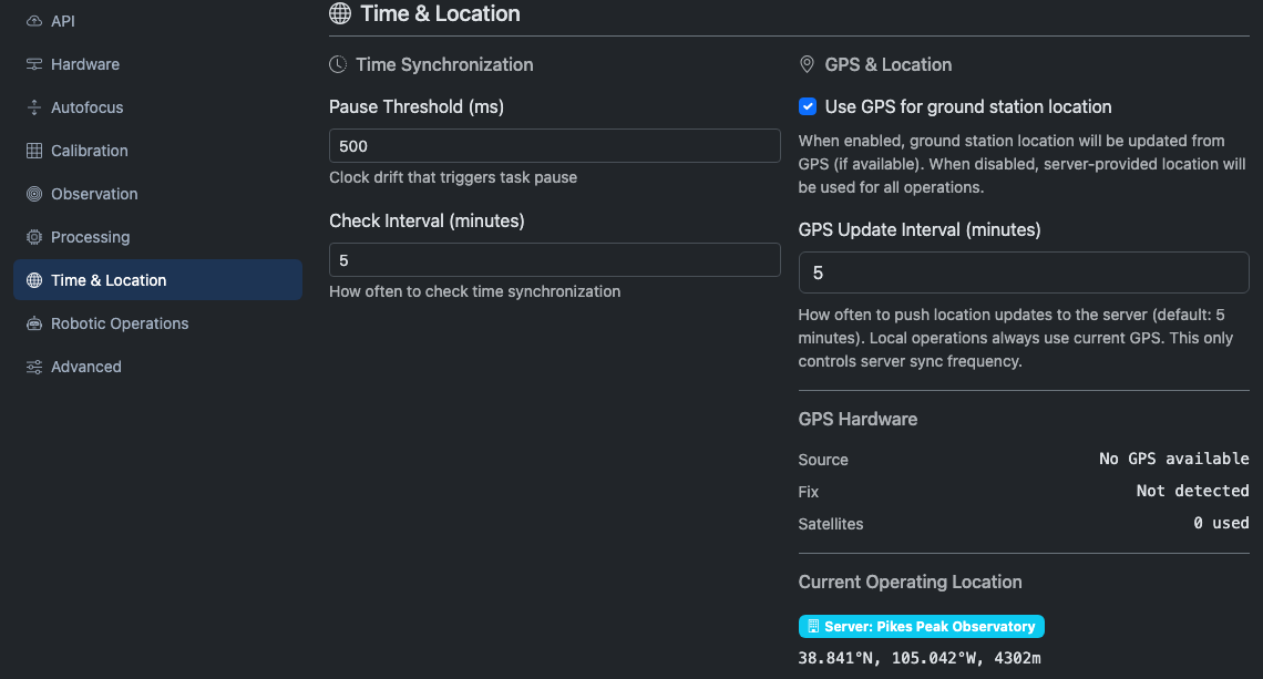 Time & Location tab showing time sync, GPS, and operating location