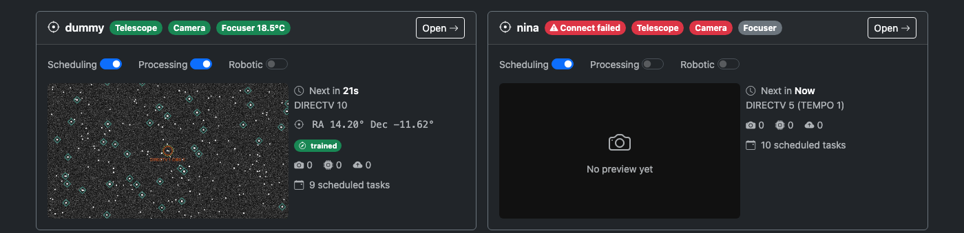 The CitraSense Monitoring dashboard in a browser, showing status bar, Telescope and Optics cards, scheduled tasks, and the collapsible log panel