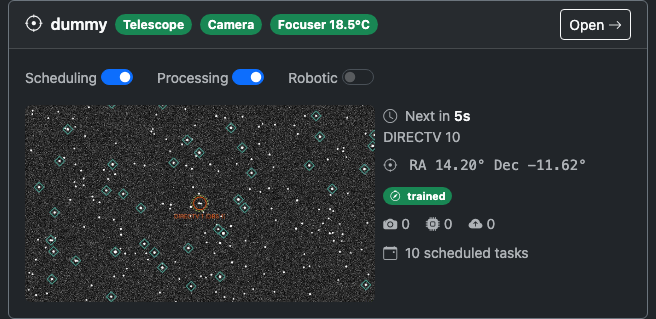 Telescope hero card with Scheduling/Processing/Robotic switches, live preview, active task, and pipeline counters