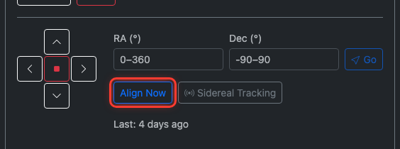 Mount controls with the Align Now button highlighted in red