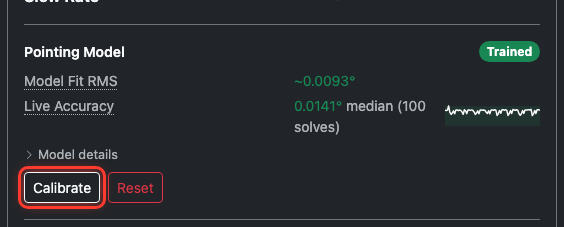 Pointing Model subsection with the Calibrate button highlighted in red
