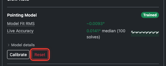 Pointing Model subsection with the Reset button highlighted in red