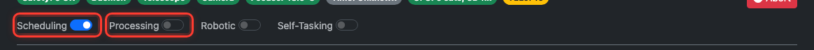 Telescope card switches row with the Scheduling and Processing toggles highlighted in red