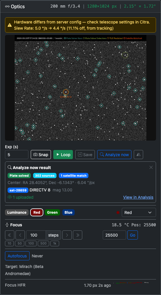 Optics card after an Analyze now run, with the result panel showing plate-solve status, source count, and matched satellites