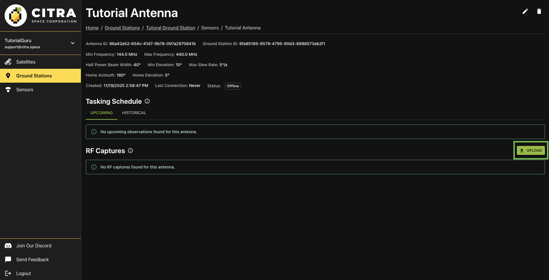 antenna page: choose upload