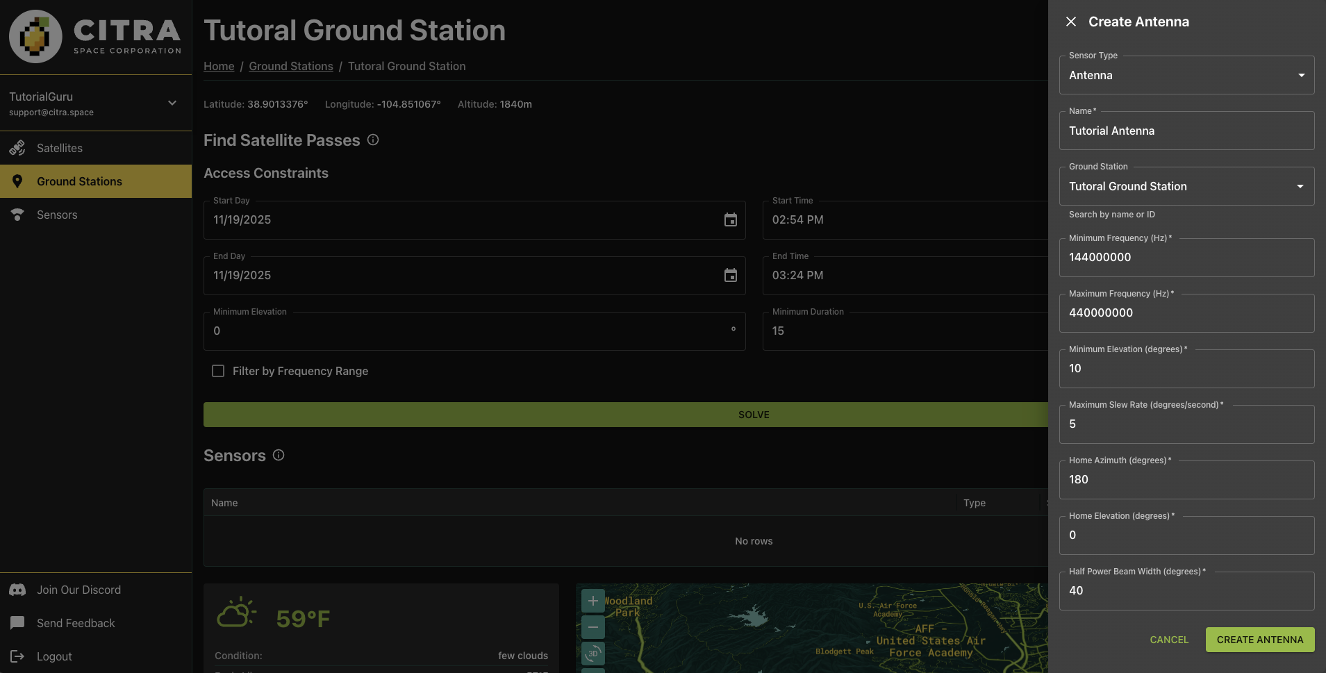 Ground station page: Create Antenna form