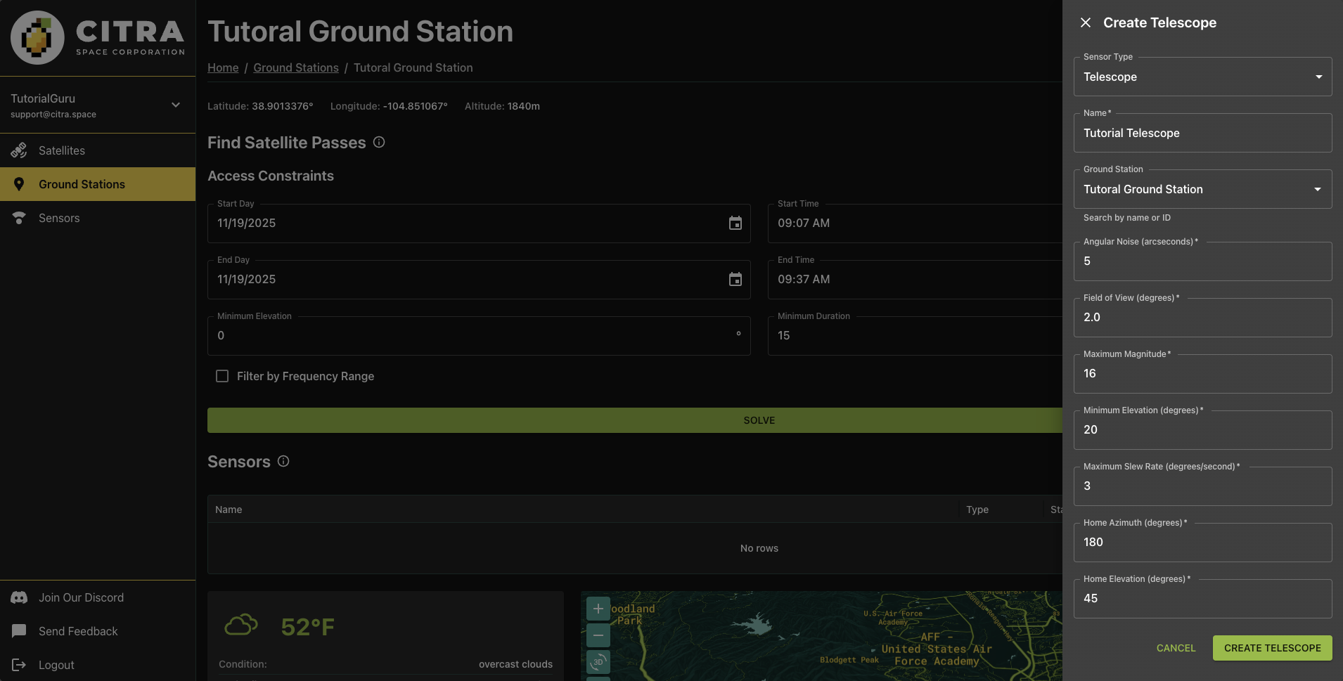 Ground station page: Create Telescope form