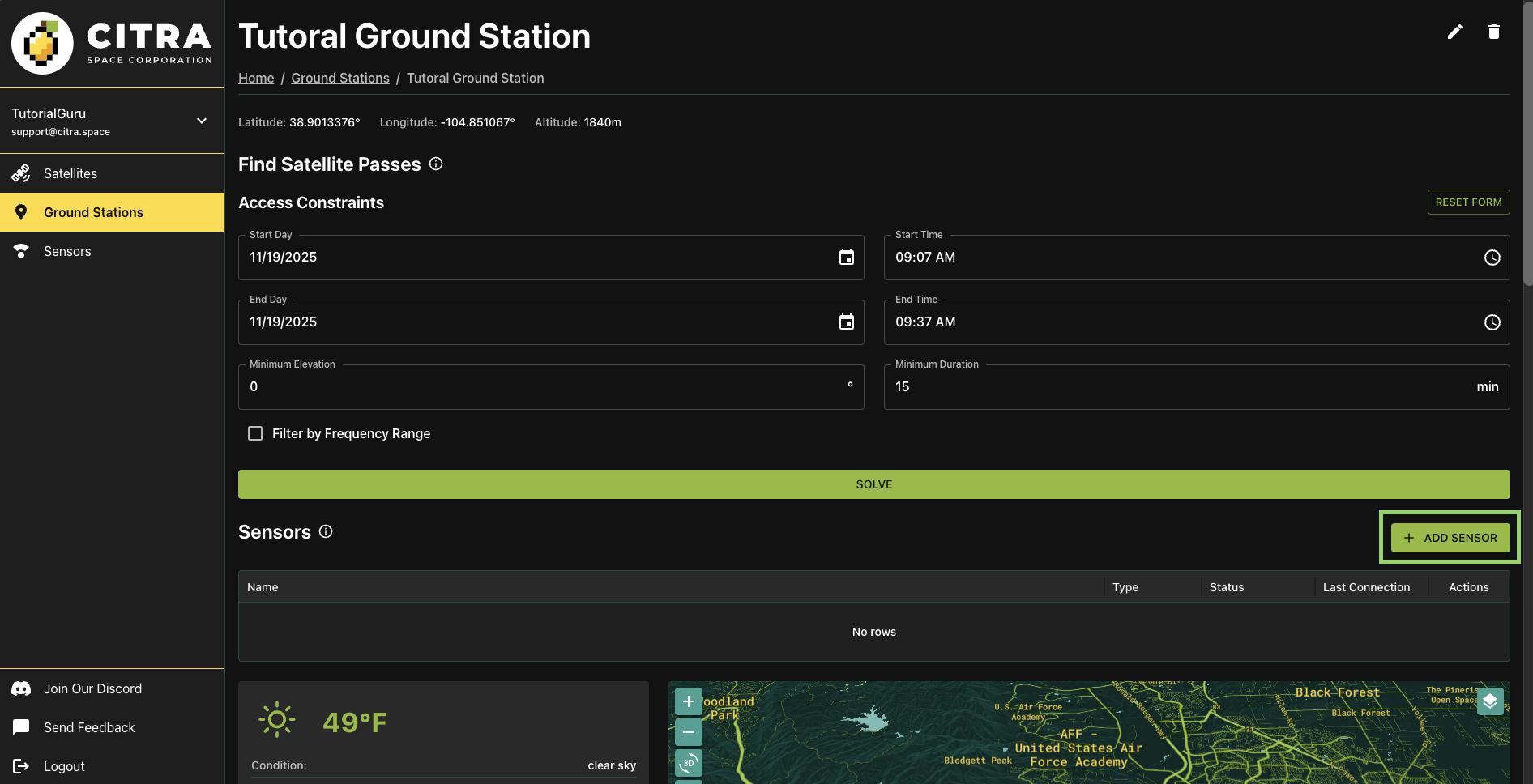 Ground station page: choose add sensor button